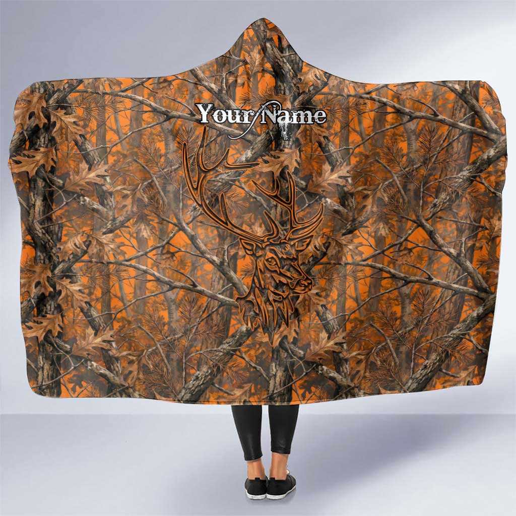 Personalized Deer Hunter Hooded Blanket Antler Outline and Autumn Camouflage Hunting