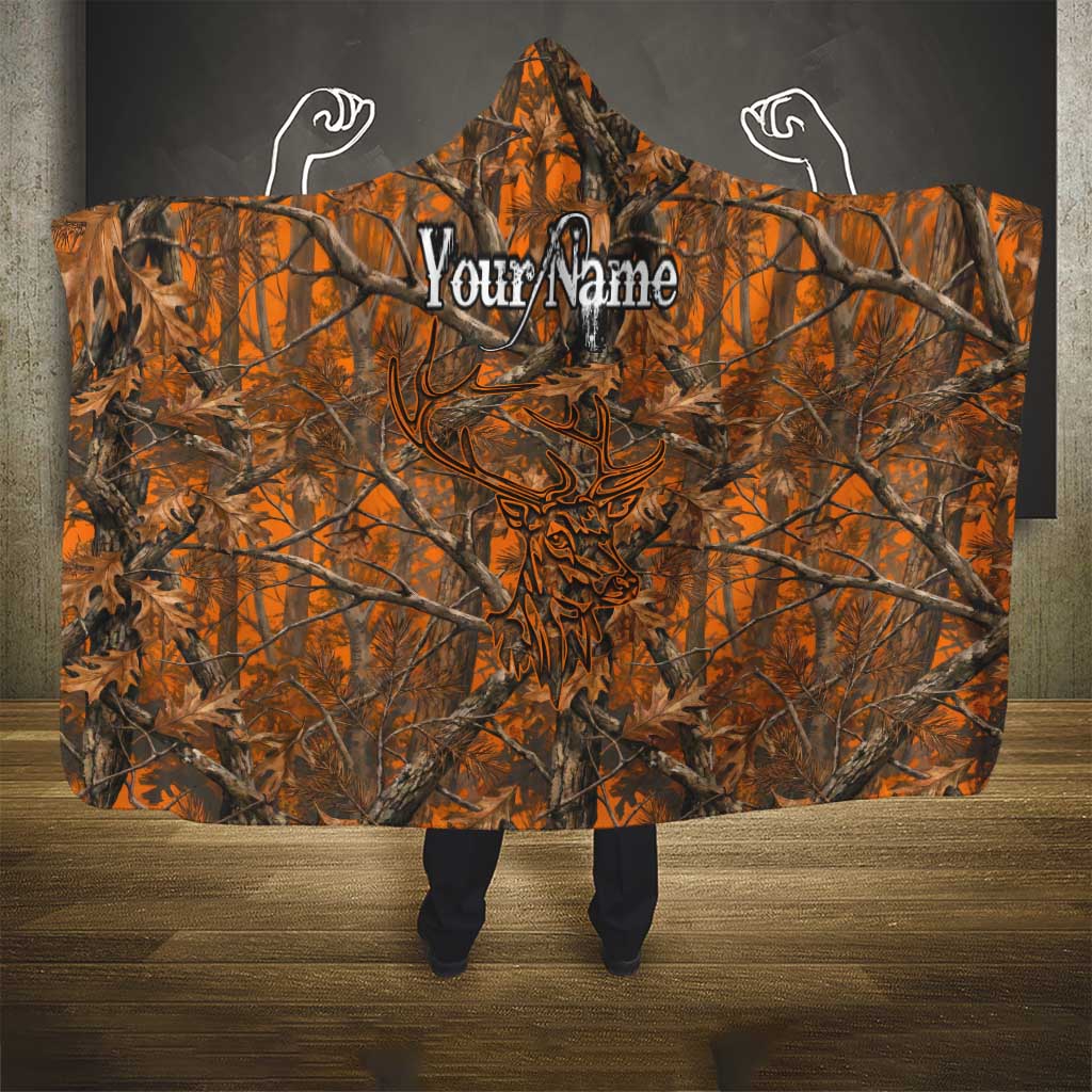 Personalized Deer Hunter Hooded Blanket Antler Outline and Autumn Camouflage Hunting
