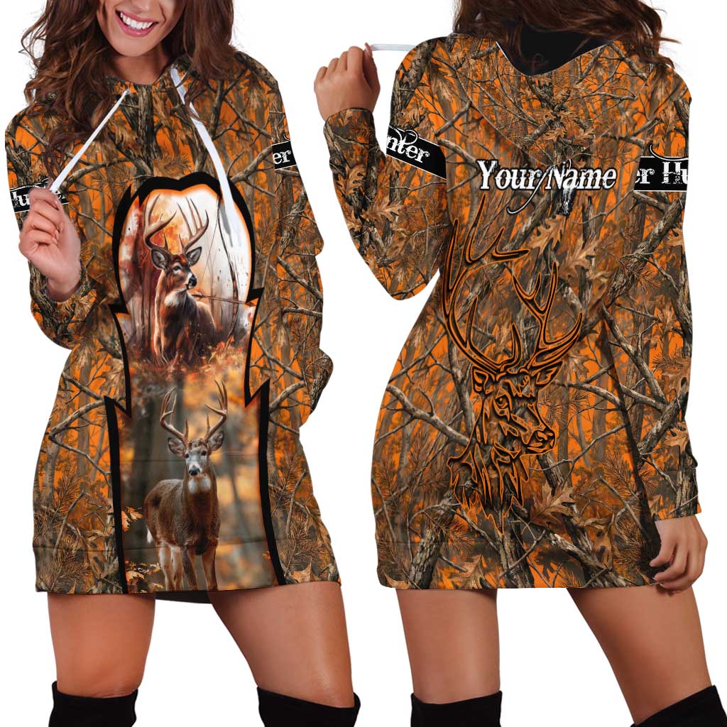 Personalized Deer Hunter Hoodie Dress Antler Outline and Autumn Camouflage Hunting