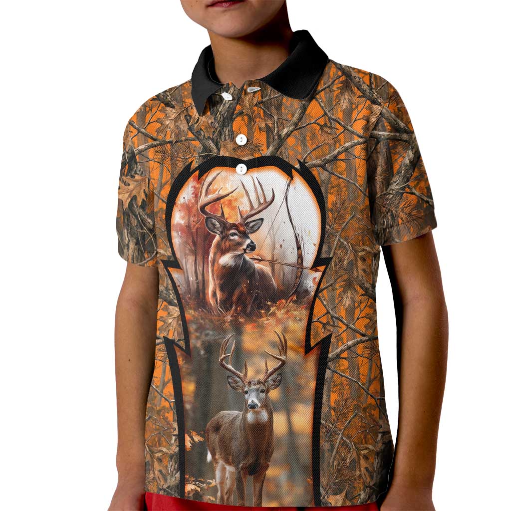 Personalized Deer Hunter Kid Polo Shirt Antler Outline and Autumn Camouflage Hunting