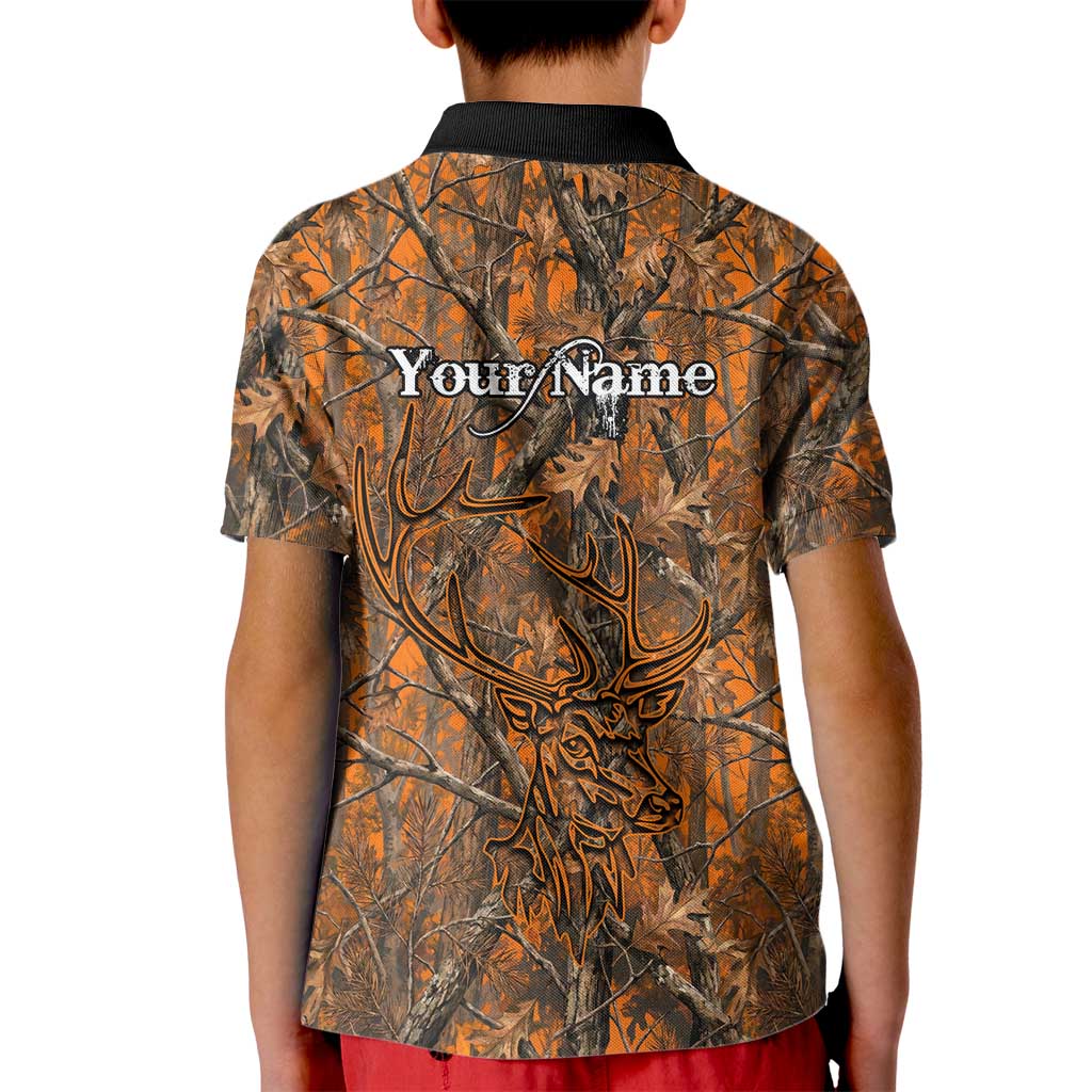 Personalized Deer Hunter Kid Polo Shirt Antler Outline and Autumn Camouflage Hunting