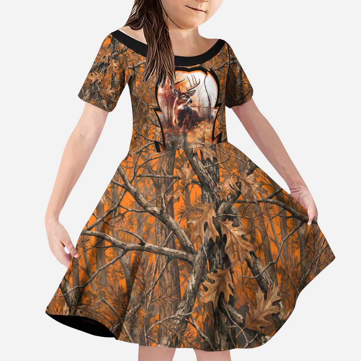 Personalized Deer Hunter Kid Short Sleeve Dress Antler Outline and Autumn Camouflage Hunting