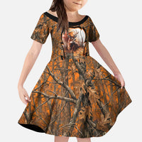 Personalized Deer Hunter Kid Short Sleeve Dress Antler Outline and Autumn Camouflage Hunting