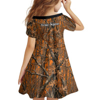 Personalized Deer Hunter Kid Short Sleeve Dress Antler Outline and Autumn Camouflage Hunting
