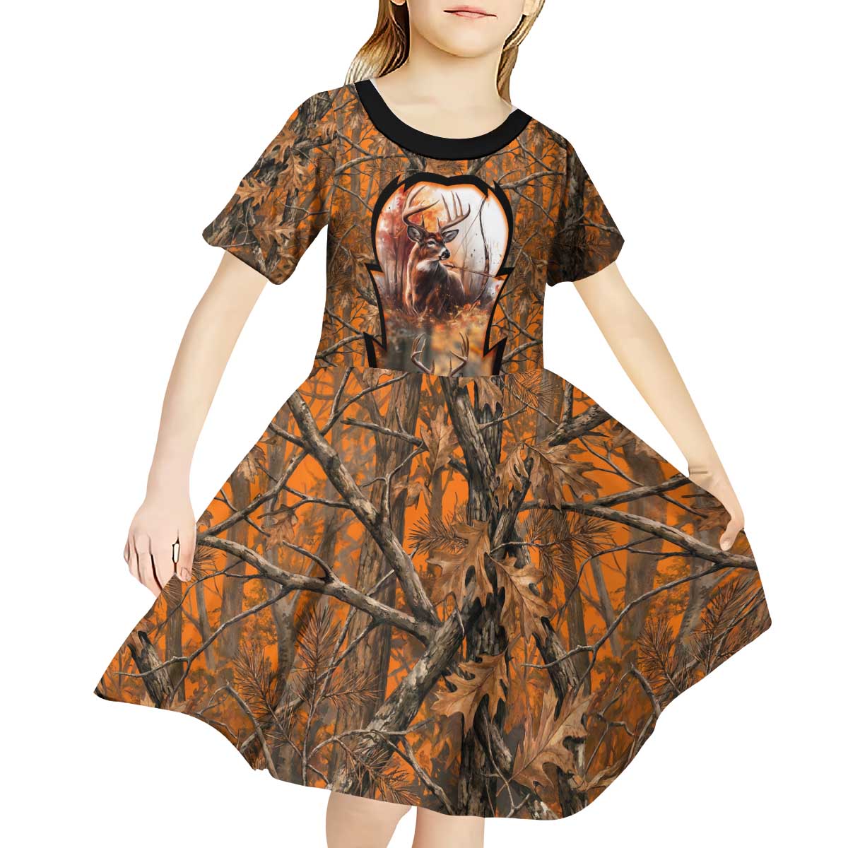Personalized Deer Hunter Kid Short Sleeve Dress Antler Outline and Autumn Camouflage Hunting