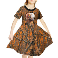 Personalized Deer Hunter Kid Short Sleeve Dress Antler Outline and Autumn Camouflage Hunting