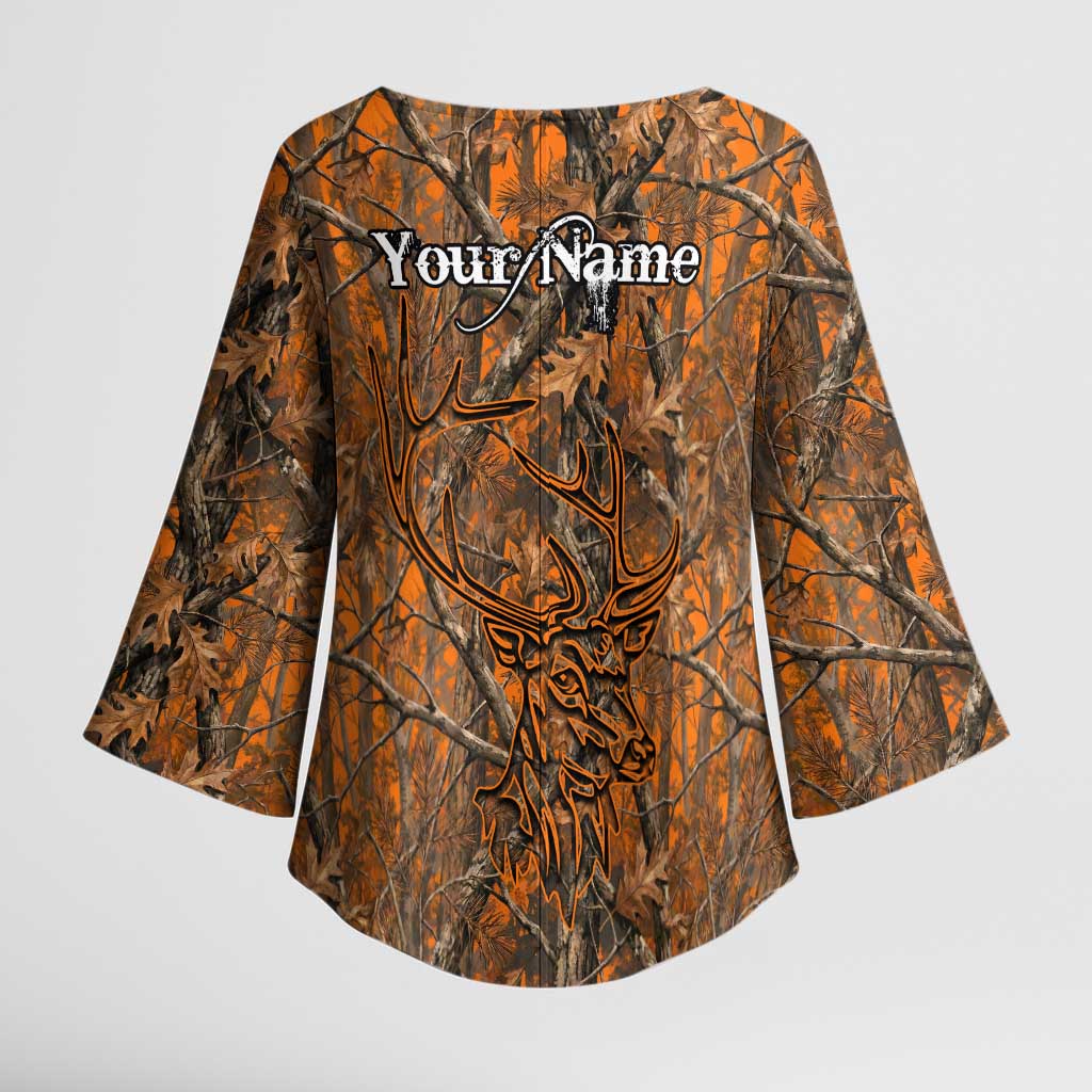 Personalized Deer Hunter Kimono Sleeve Blouse Antler Outline and Autumn Camouflage Hunting