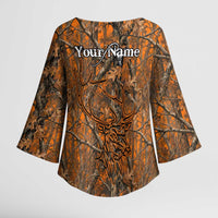 Personalized Deer Hunter Kimono Sleeve Blouse Antler Outline and Autumn Camouflage Hunting