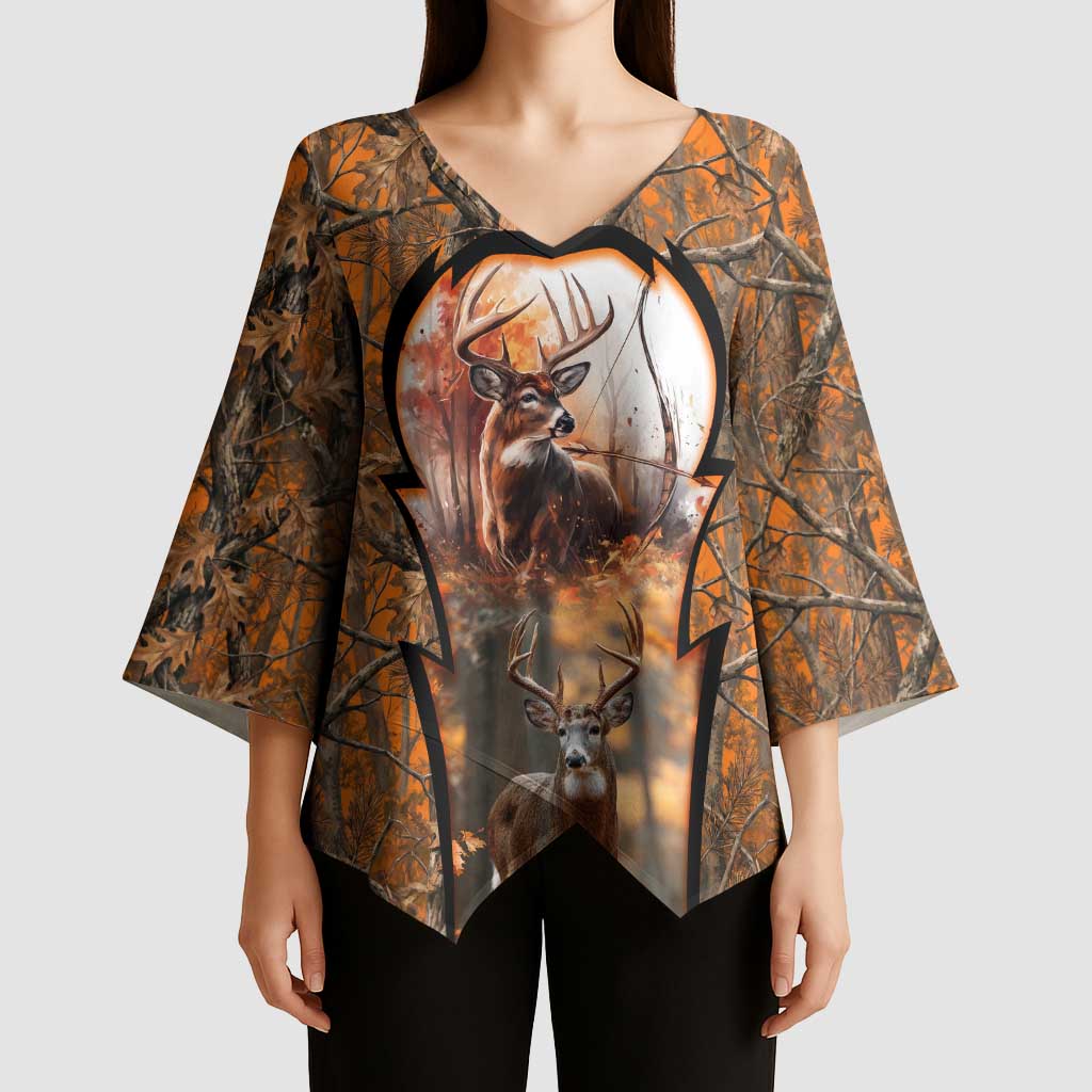 Personalized Deer Hunter Kimono Sleeve Blouse Antler Outline and Autumn Camouflage Hunting