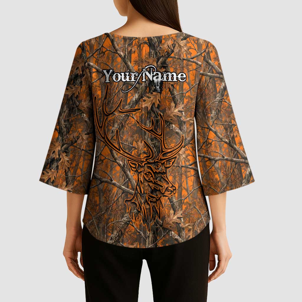 Personalized Deer Hunter Kimono Sleeve Blouse Antler Outline and Autumn Camouflage Hunting