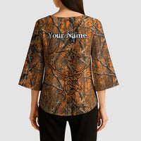 Personalized Deer Hunter Kimono Sleeve Blouse Antler Outline and Autumn Camouflage Hunting