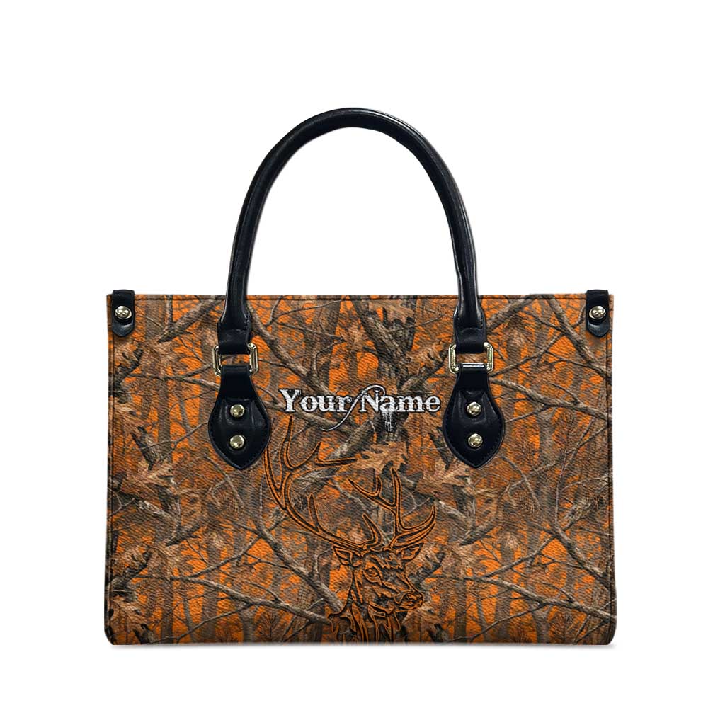 Personalized Deer Hunter Leather Bag Antler Outline and Autumn Camouflage Hunting