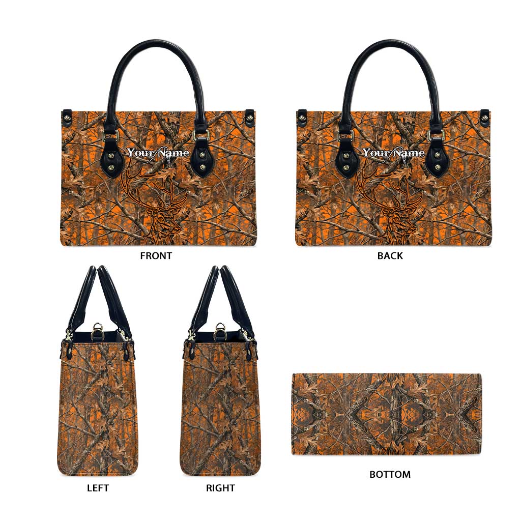 Personalized Deer Hunter Leather Bag Antler Outline and Autumn Camouflage Hunting