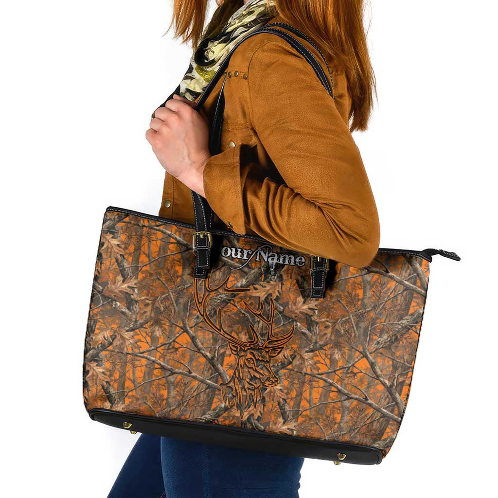 Personalized Deer Hunter Leather Tote Bag Antler Outline and Autumn Camouflage Hunting