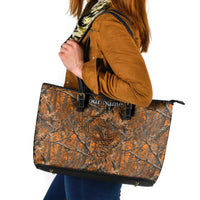 Personalized Deer Hunter Leather Tote Bag Antler Outline and Autumn Camouflage Hunting