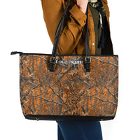 Personalized Deer Hunter Leather Tote Bag Antler Outline and Autumn Camouflage Hunting