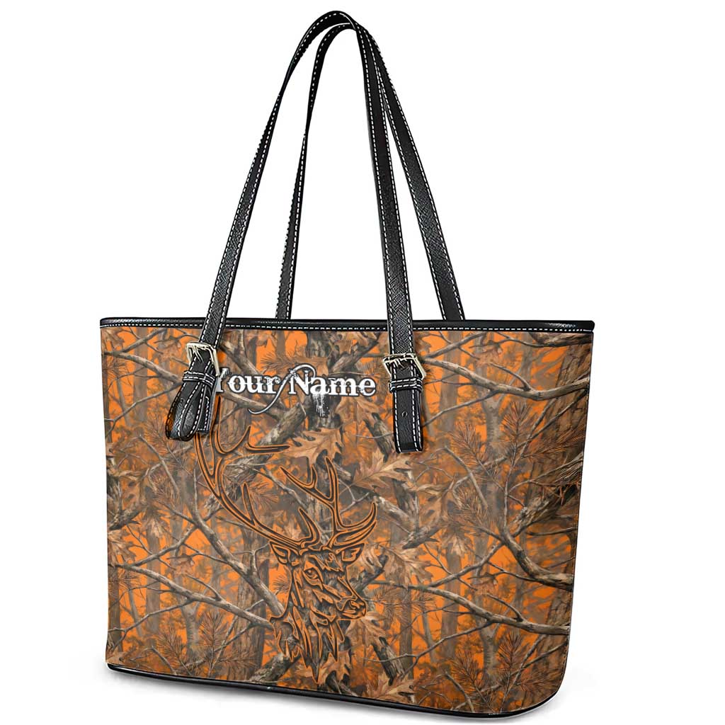 Personalized Deer Hunter Leather Tote Bag Antler Outline and Autumn Camouflage Hunting