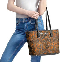 Personalized Deer Hunter Leather Tote Bag Antler Outline and Autumn Camouflage Hunting