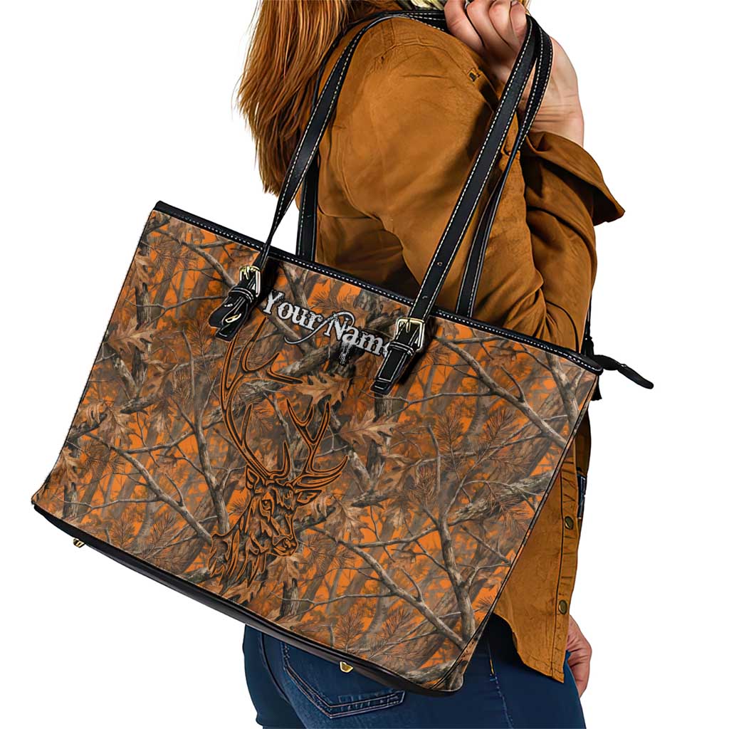 Personalized Deer Hunter Leather Tote Bag Antler Outline and Autumn Camouflage Hunting