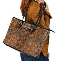 Personalized Deer Hunter Leather Tote Bag Antler Outline and Autumn Camouflage Hunting