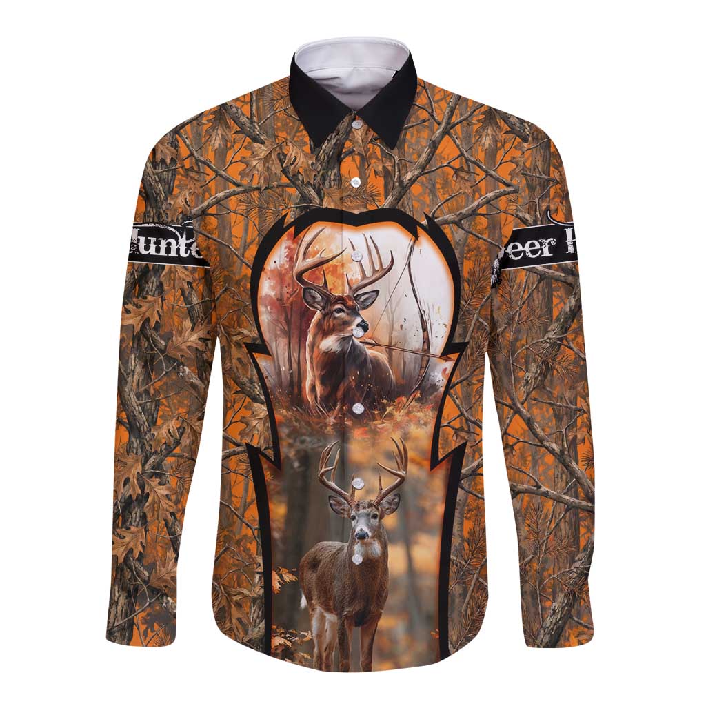 Personalized Deer Hunter Long Sleeve Button Shirt Antler Outline and Autumn Camouflage Hunting