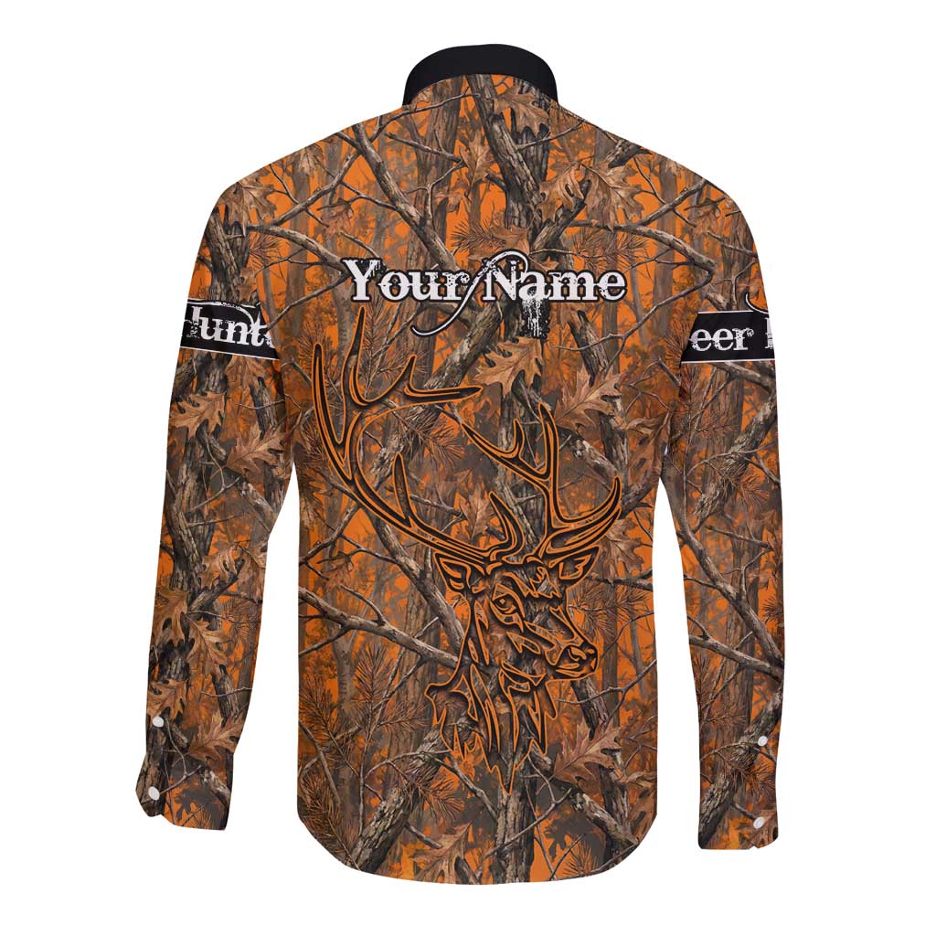 Personalized Deer Hunter Long Sleeve Button Shirt Antler Outline and Autumn Camouflage Hunting