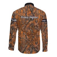 Personalized Deer Hunter Long Sleeve Button Shirt Antler Outline and Autumn Camouflage Hunting