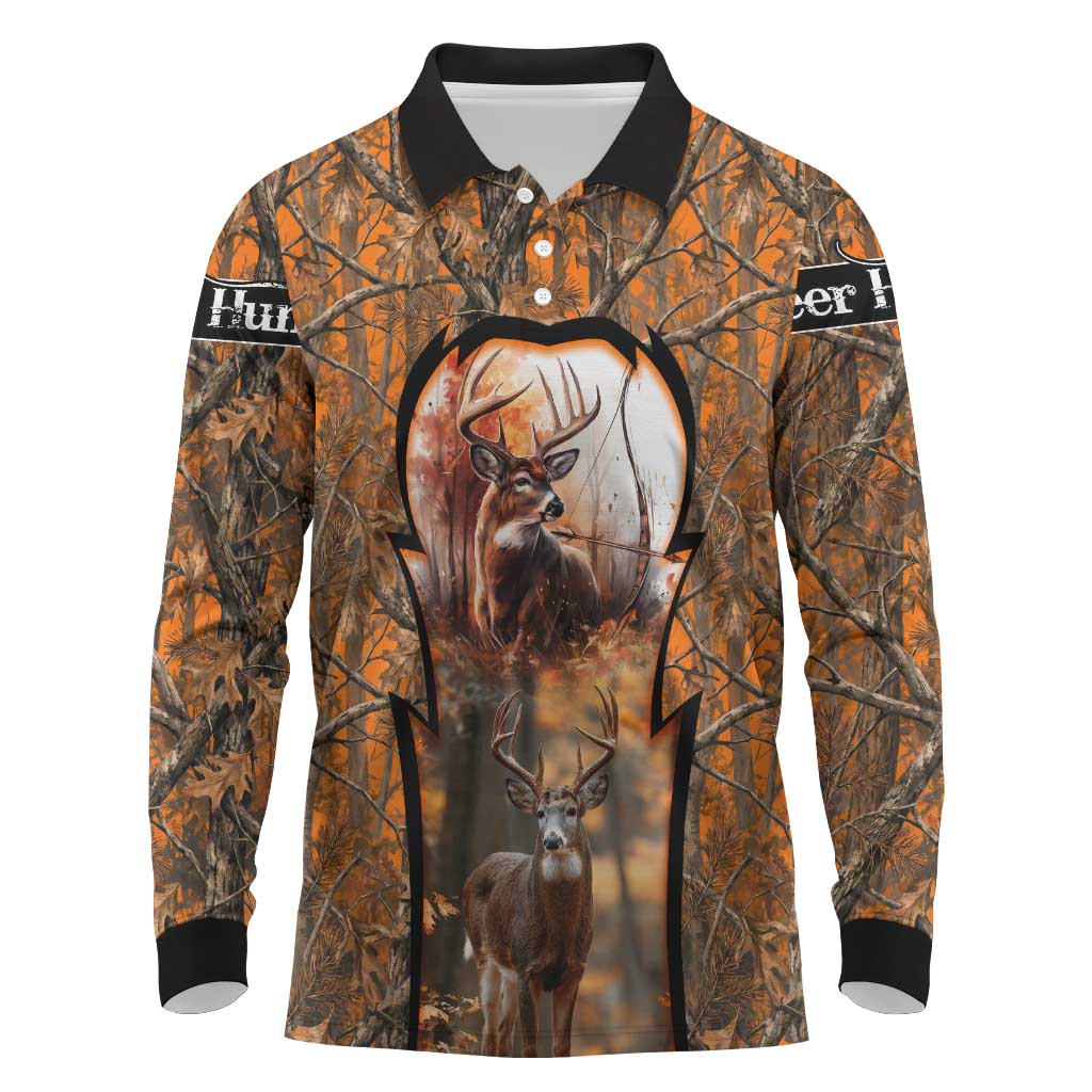 Personalized Deer Hunter Long Sleeve Polo Shirt Antler Outline and Autumn Camouflage Hunting