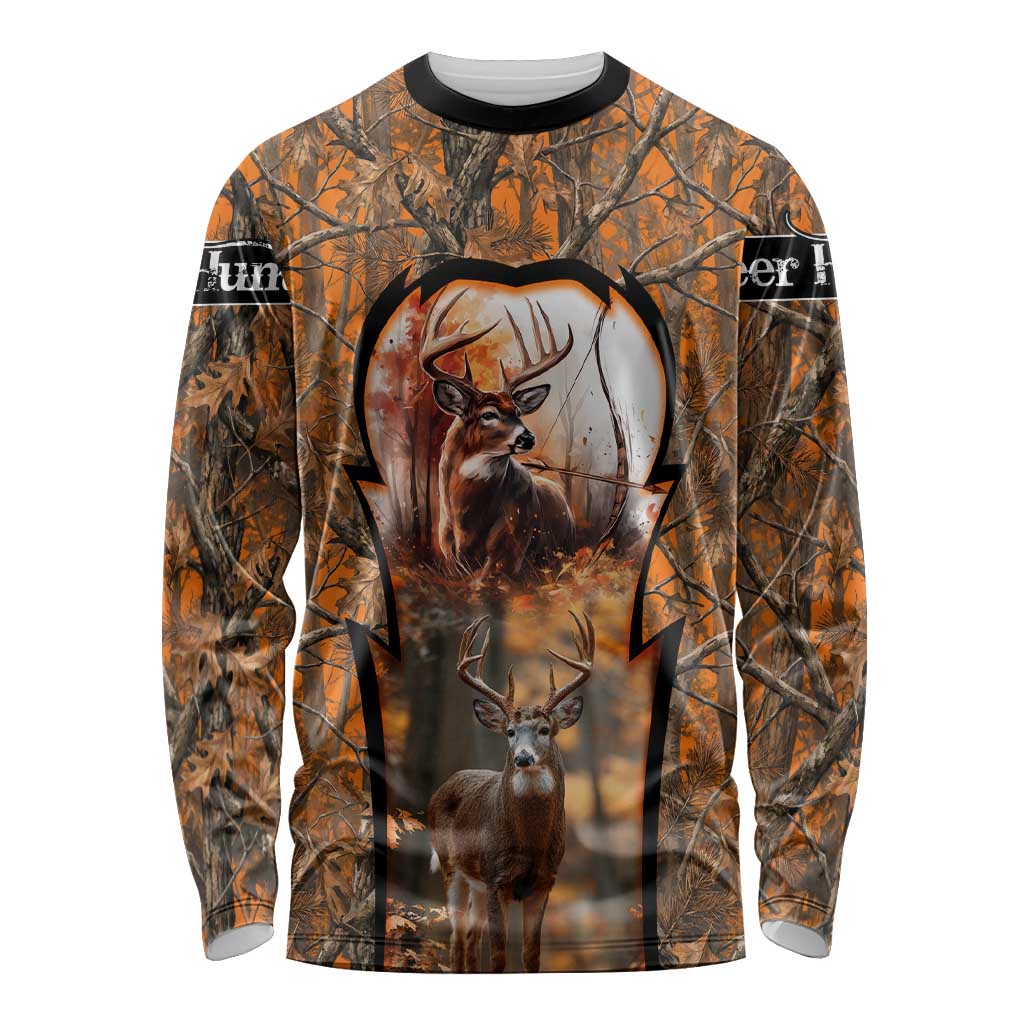 Personalized Deer Hunter Long Sleeve Shirt Antler Outline and Autumn Camouflage Hunting