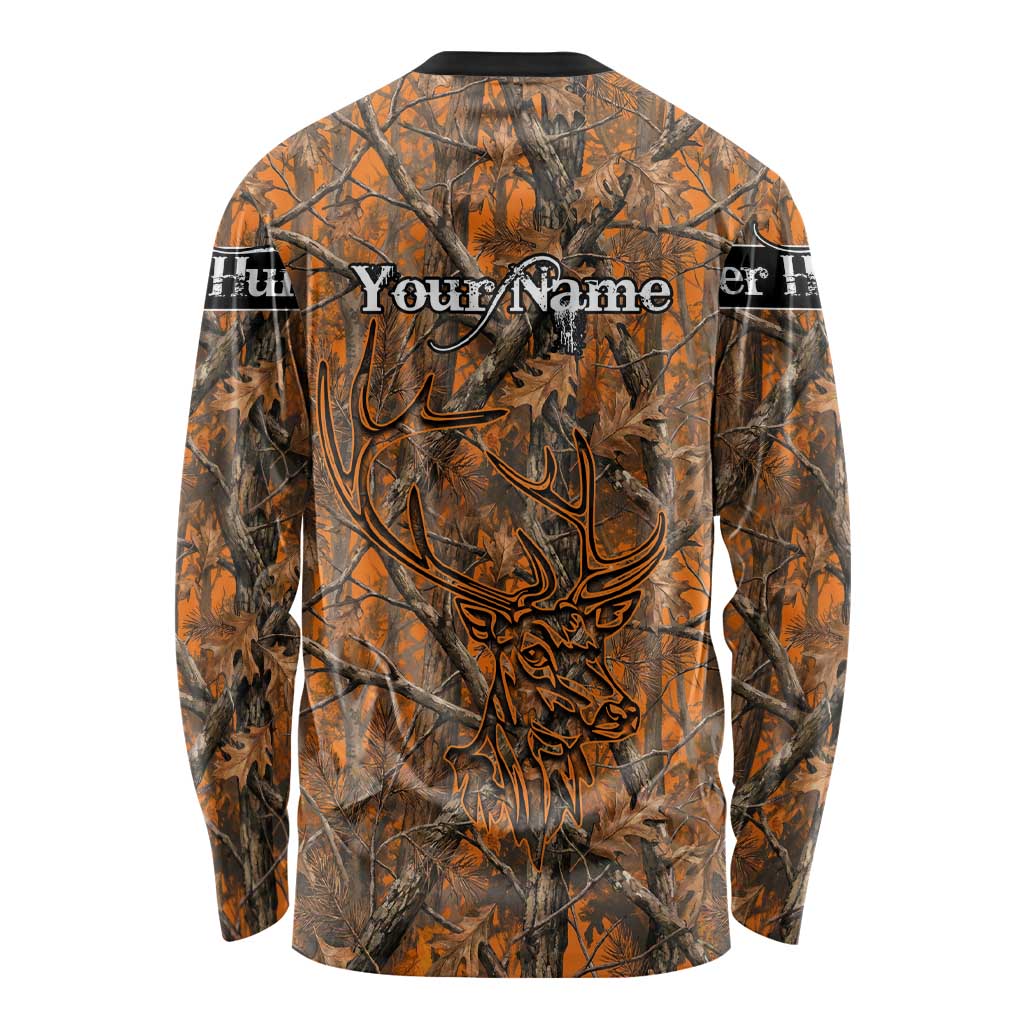 Personalized Deer Hunter Long Sleeve Shirt Antler Outline and Autumn Camouflage Hunting
