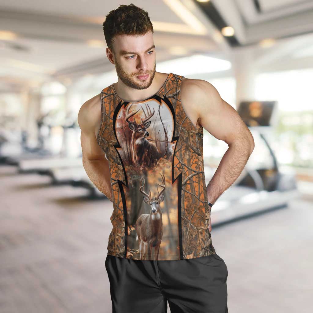 Personalized Deer Hunter Men Tank Top Antler Outline and Autumn Camouflage Hunting