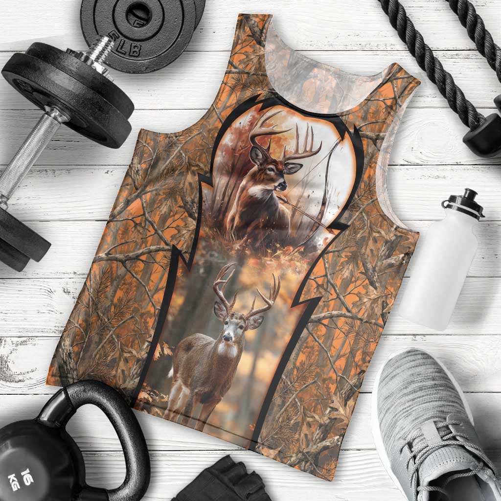 Personalized Deer Hunter Men Tank Top Antler Outline and Autumn Camouflage Hunting