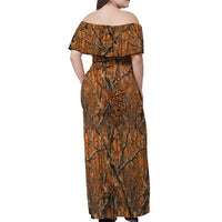 Personalized Deer Hunter Off Shoulder Maxi Dress Antler Outline and Autumn Camouflage Hunting
