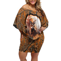 Personalized Deer Hunter Off Shoulder Short Dress Antler Outline and Autumn Camouflage Hunting