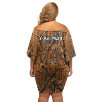 Personalized Deer Hunter Off Shoulder Short Dress Antler Outline and Autumn Camouflage Hunting