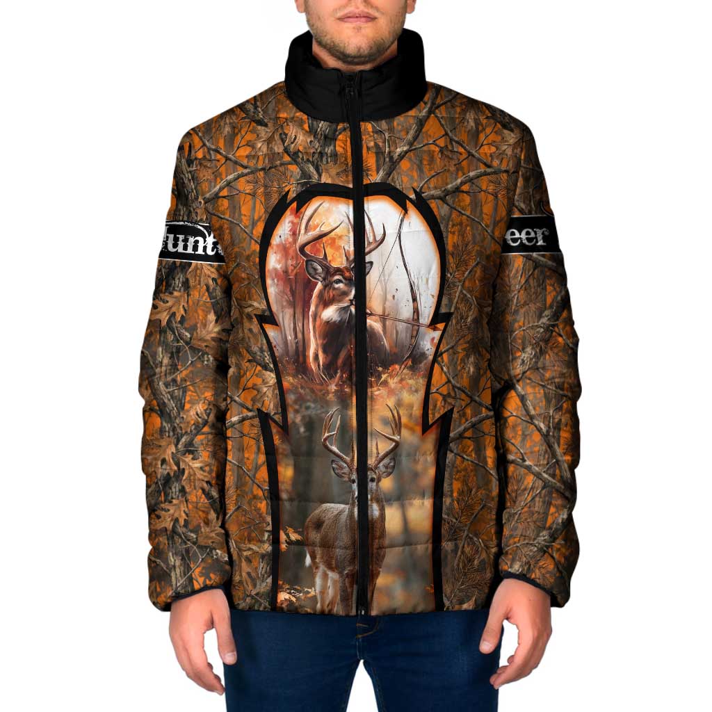 Personalized Deer Hunter Padded Jacket Antler Outline and Autumn Camouflage Hunting