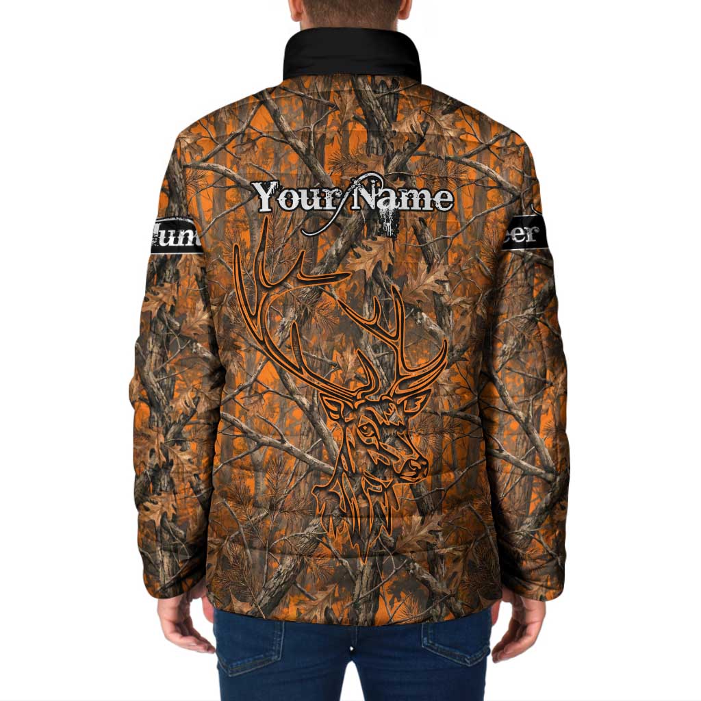 Personalized Deer Hunter Padded Jacket Antler Outline and Autumn Camouflage Hunting