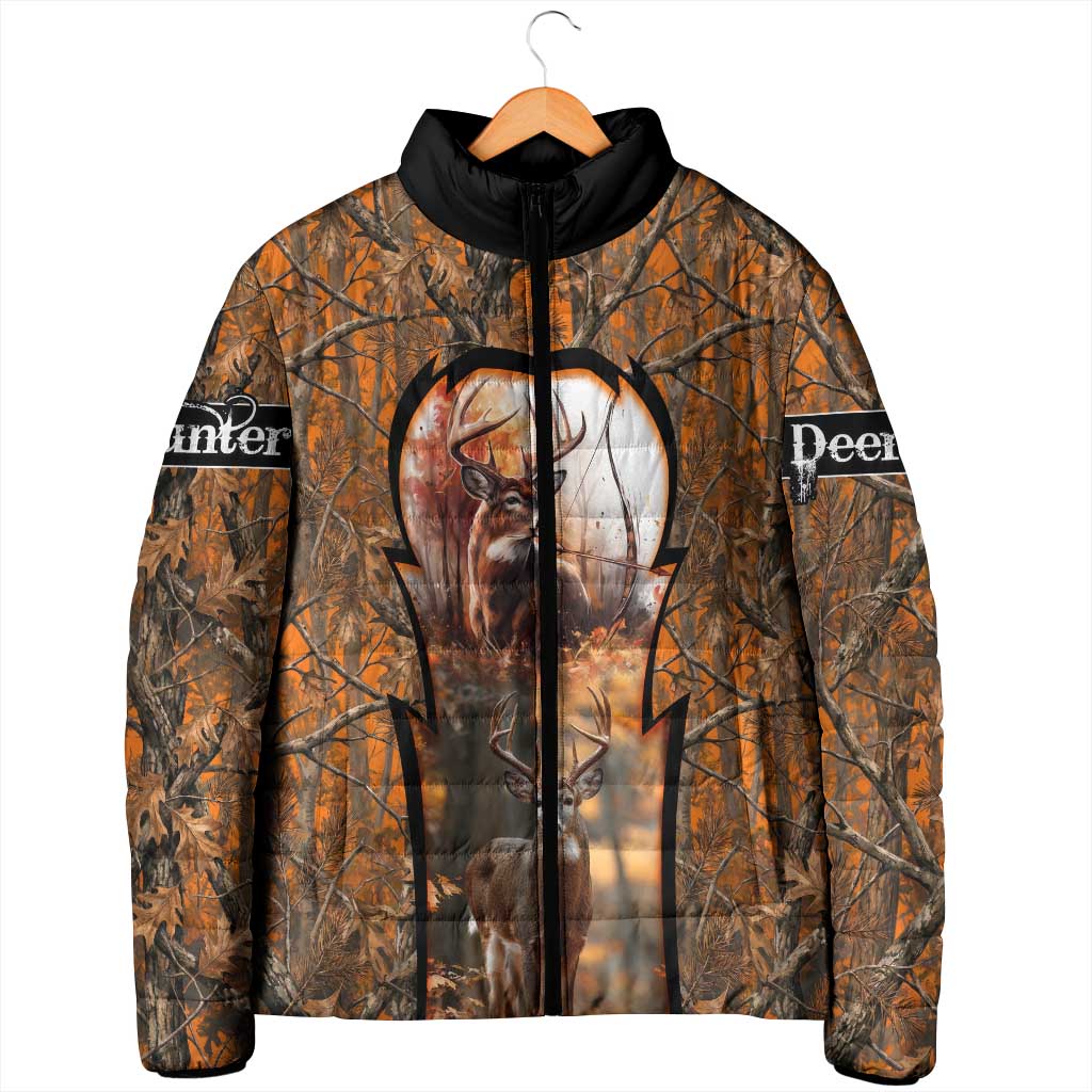 Personalized Deer Hunter Padded Jacket Antler Outline and Autumn Camouflage Hunting