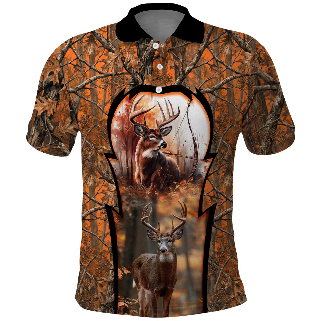 Personalized Deer Hunter Polo Shirt Antler Outline and Autumn Camouflage Hunting