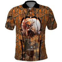 Personalized Deer Hunter Polo Shirt Antler Outline and Autumn Camouflage Hunting
