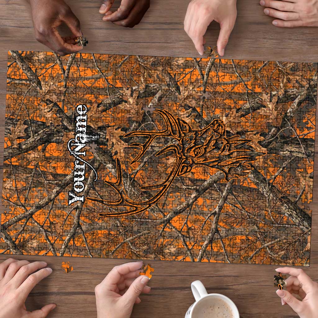 Personalized Deer Hunter Puzzle Antler Outline and Autumn Camouflage Hunting