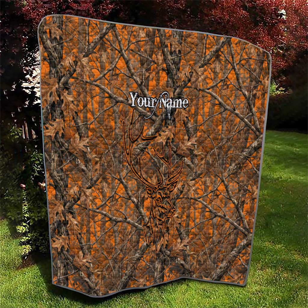 Personalized Deer Hunter Quilt Antler Outline and Autumn Camouflage Hunting