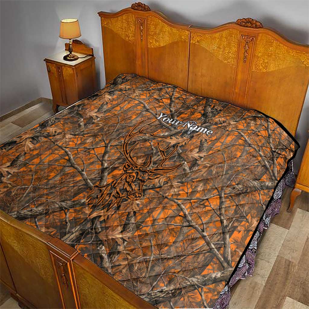 Personalized Deer Hunter Quilt Antler Outline and Autumn Camouflage Hunting