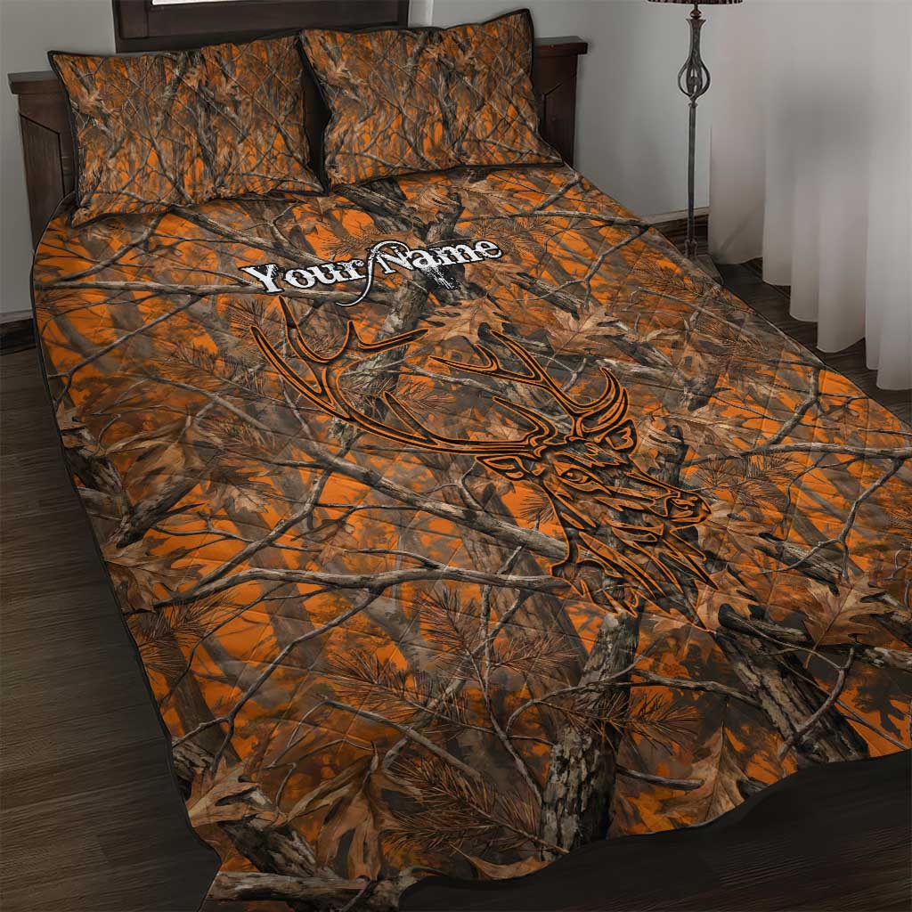 Personalized Deer Hunter Quilt Bed Set Antler Outline and Autumn Camouflage Hunting