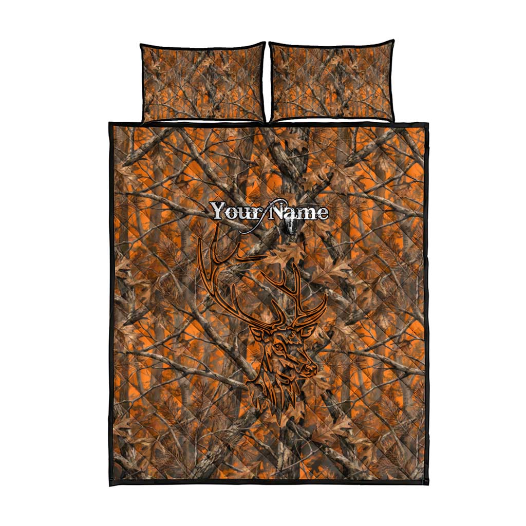 Personalized Deer Hunter Quilt Bed Set Antler Outline and Autumn Camouflage Hunting