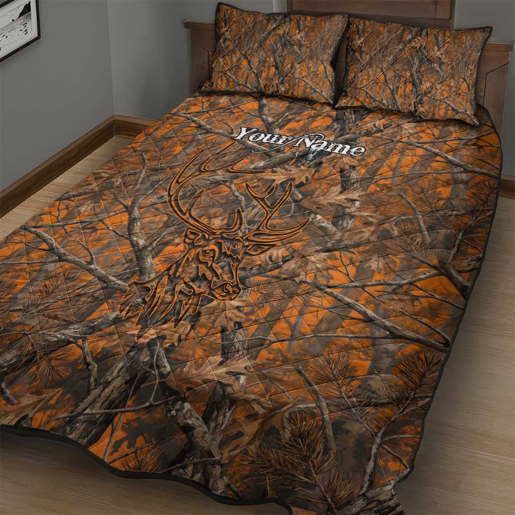 Personalized Deer Hunter Quilt Bed Set Antler Outline and Autumn Camouflage Hunting