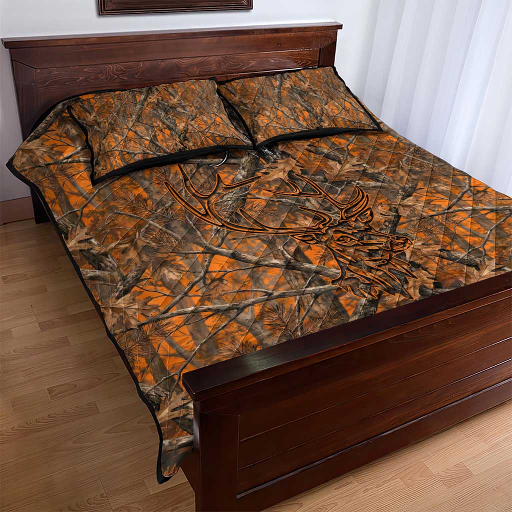 Personalized Deer Hunter Quilt Bed Set Antler Outline and Autumn Camouflage Hunting