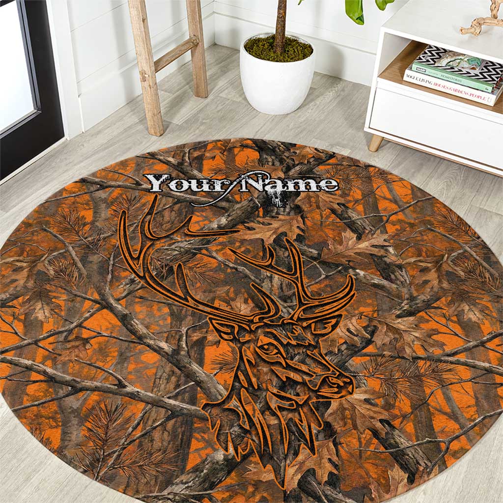 Personalized Deer Hunter Round Carpet Antler Outline and Autumn Camouflage Hunting