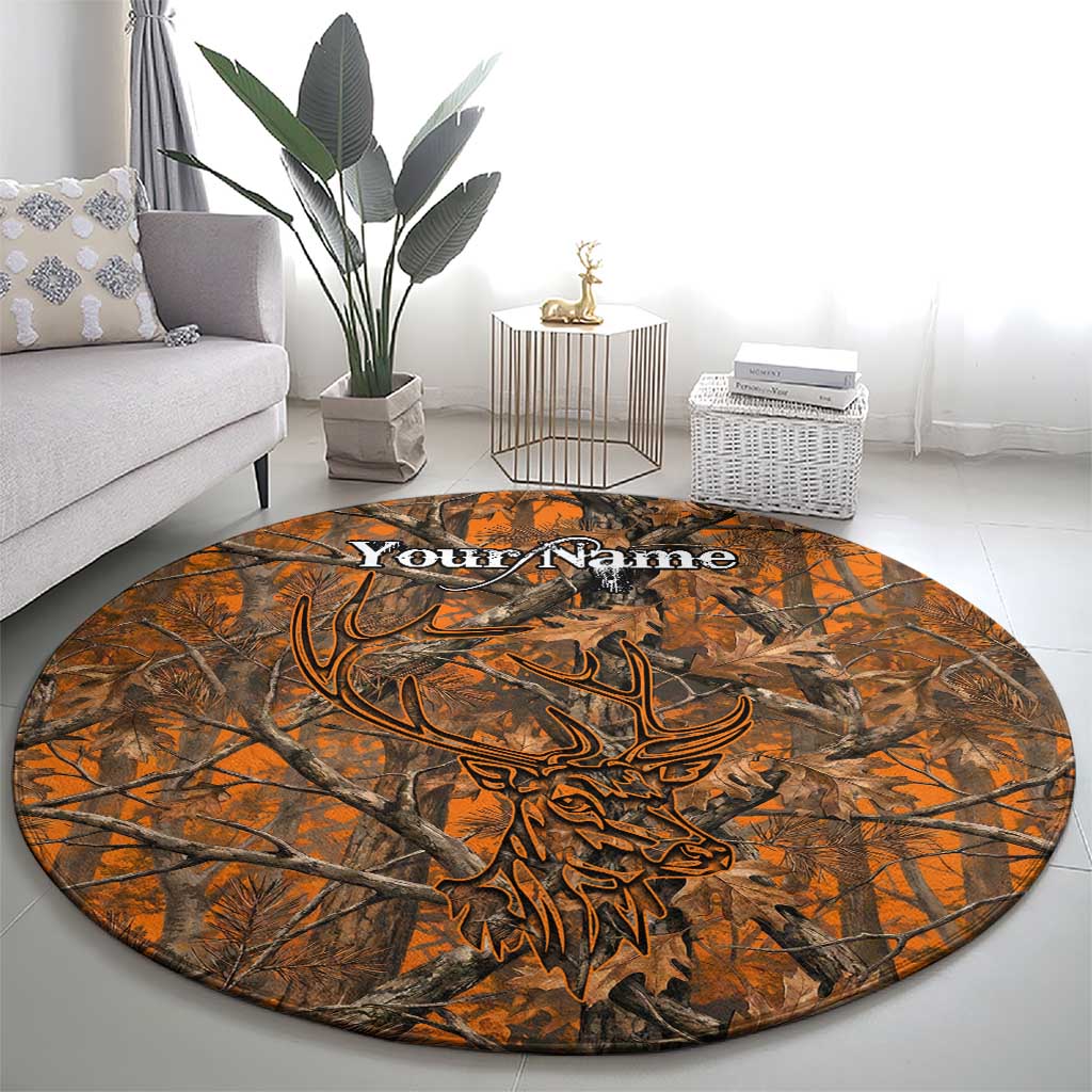 Personalized Deer Hunter Round Carpet Antler Outline and Autumn Camouflage Hunting