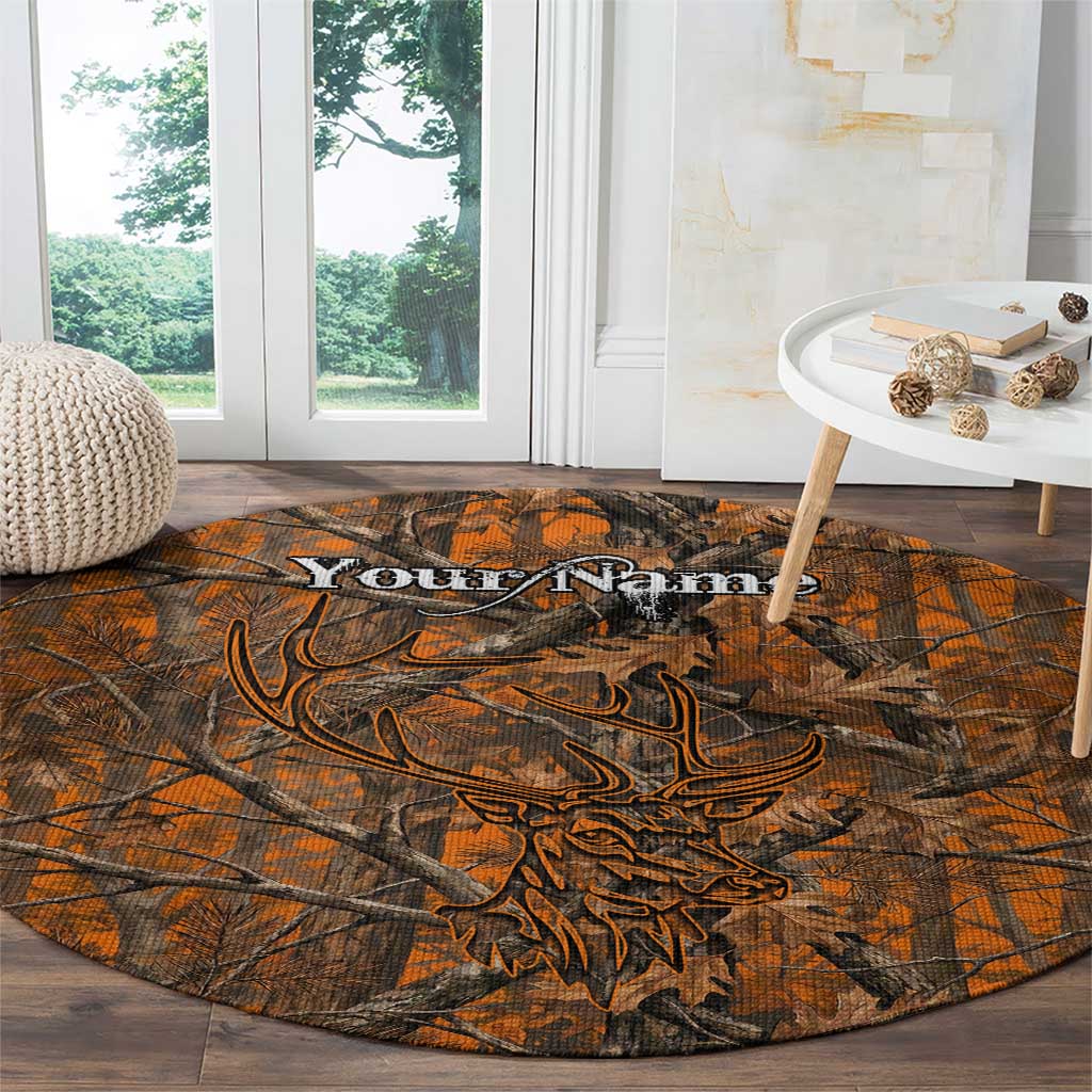Personalized Deer Hunter Round Carpet Antler Outline and Autumn Camouflage Hunting